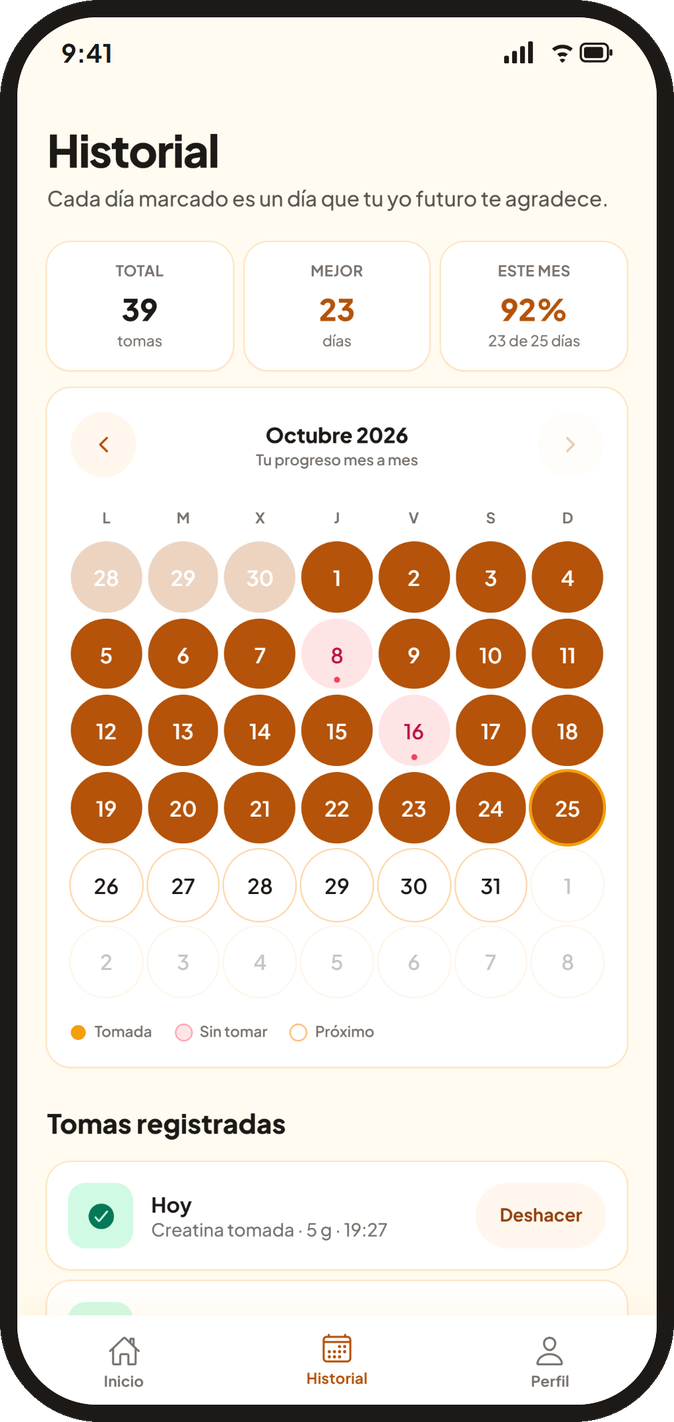 Historial: calendario de octubre con los días tomados, 39 tomas, mejor racha de 23 días y 92 % del mes