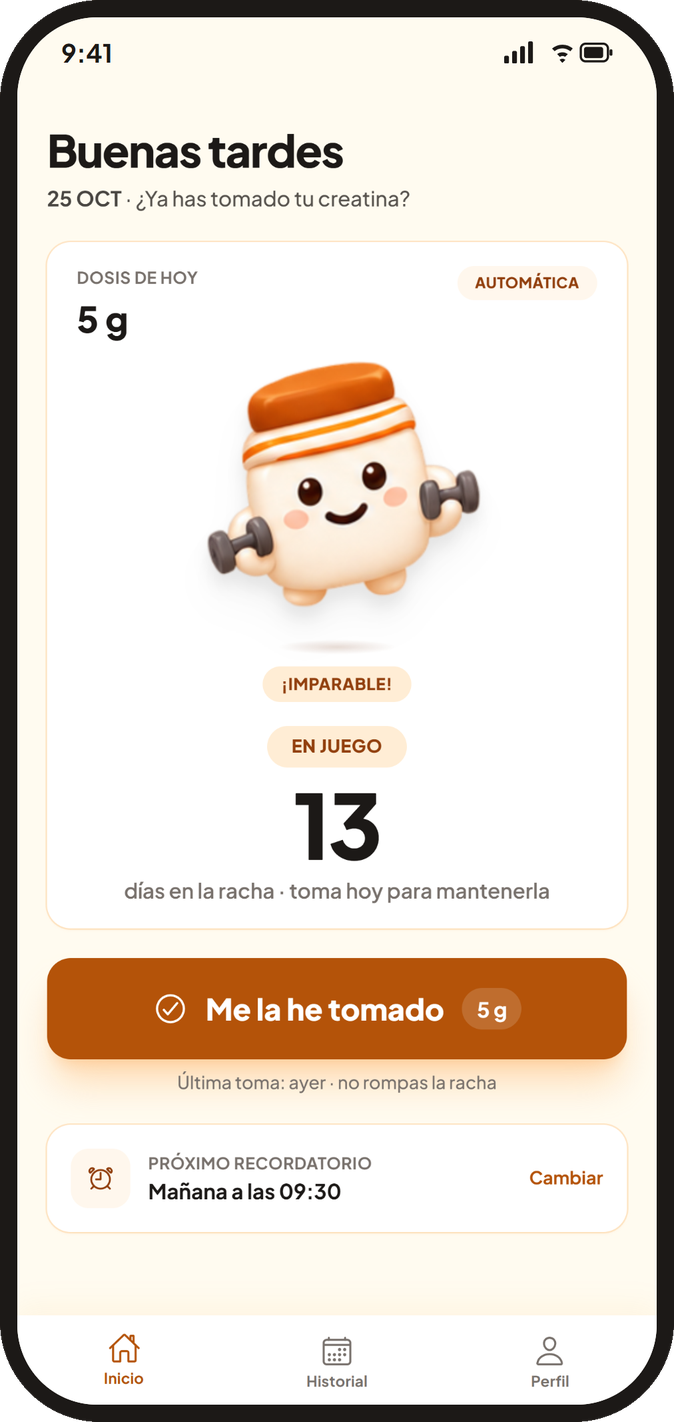 Pantalla de inicio de CreatiMon: dosis de hoy 5 g, racha de 13 días y botón Me la he tomado